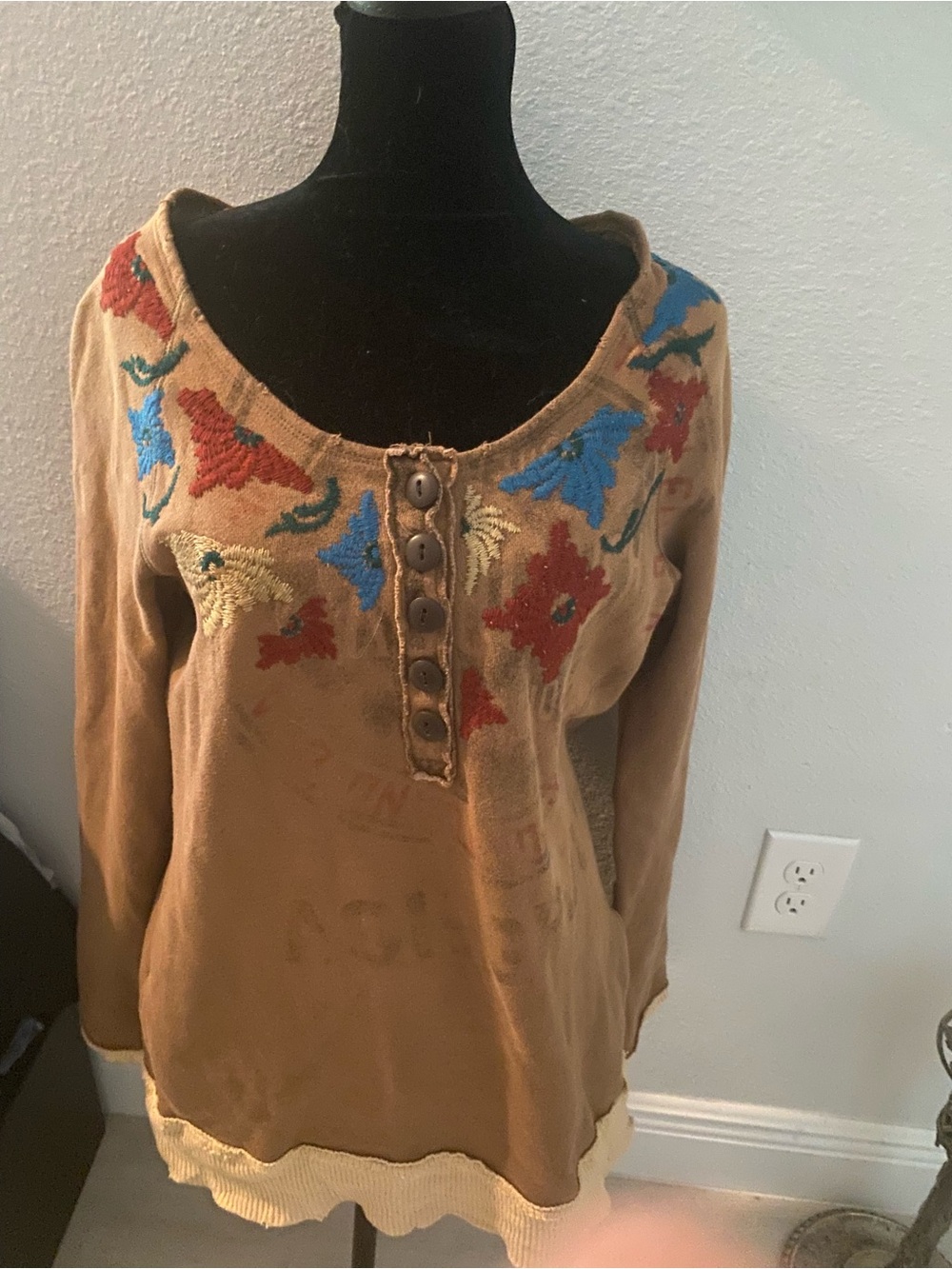 Free People Brown Scoop-Neck Embroidered Button Henley